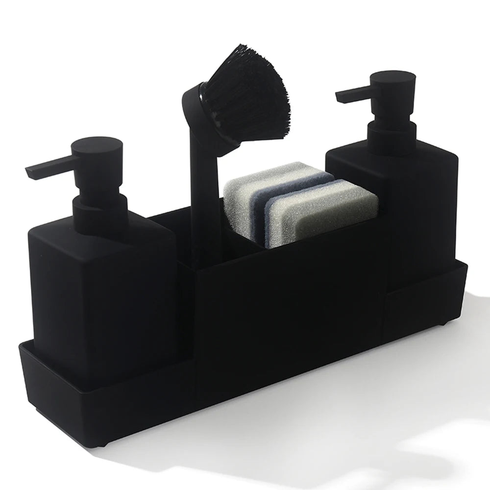 Kitchen Sink Caddy Organizer Soap Dispenser Set with Cleaning Brush Sponge Refillable Bottles for Hand Soap Dish Soap Countertop