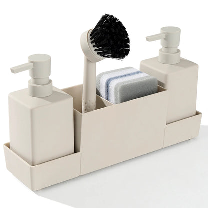 Kitchen Sink Caddy Organizer Soap Dispenser Set with Cleaning Brush Sponge Refillable Bottles for Hand Soap Dish Soap Countertop