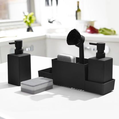 Kitchen Sink Caddy Organizer Soap Dispenser Set with Cleaning Brush Sponge Refillable Bottles for Hand Soap Dish Soap Countertop