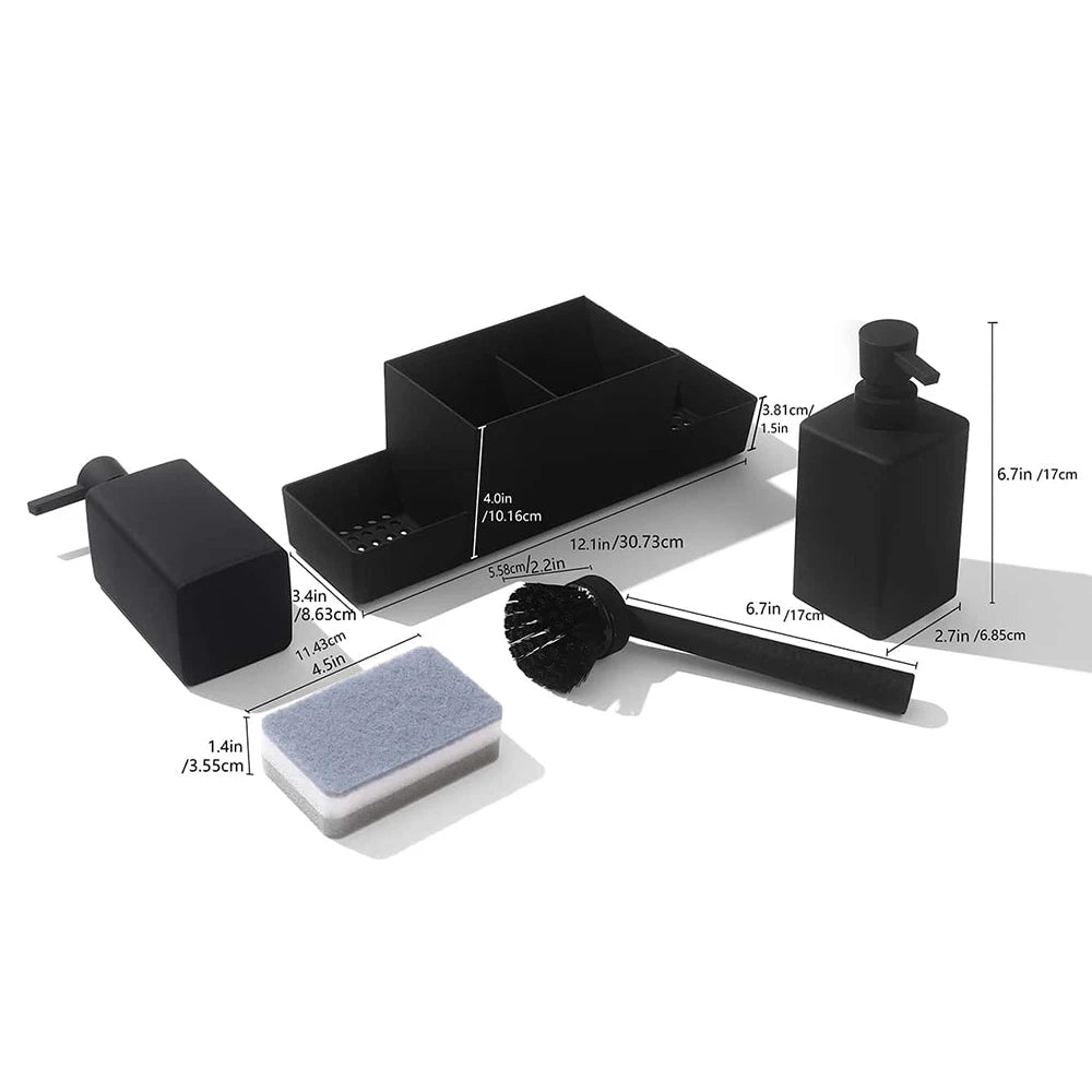 Kitchen Sink Caddy Organizer Soap Dispenser Set with Cleaning Brush Sponge Refillable Bottles for Hand Soap Dish Soap Countertop