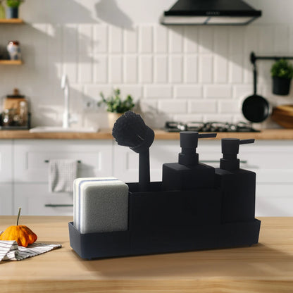 Kitchen Sink Caddy Organizer Soap Dispenser Set with Cleaning Brush Sponge Refillable Bottles for Hand Soap Dish Soap Countertop